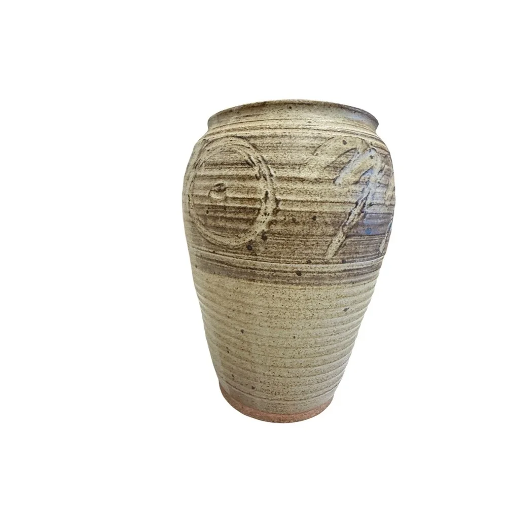 Vintage Studio Pottery Stoneware Vase Hand Carved Ribbed Earth Tones Signed 11in